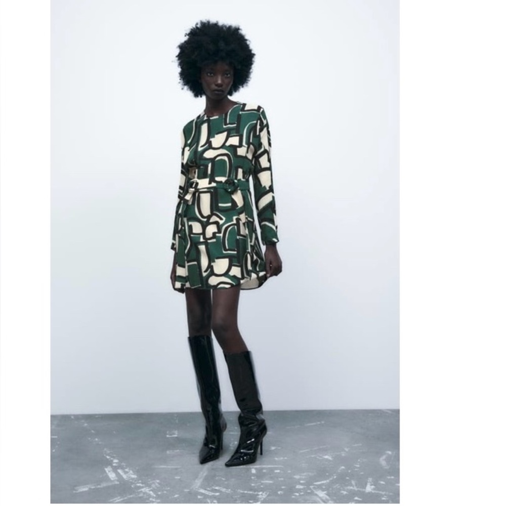 Zara Green A-line Long Sleeve Dress
